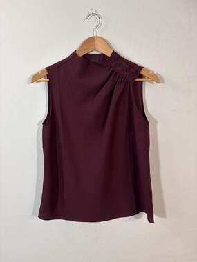 Ann Taylor Burgundy Mock Neck Pleated Sleeveless Blouse